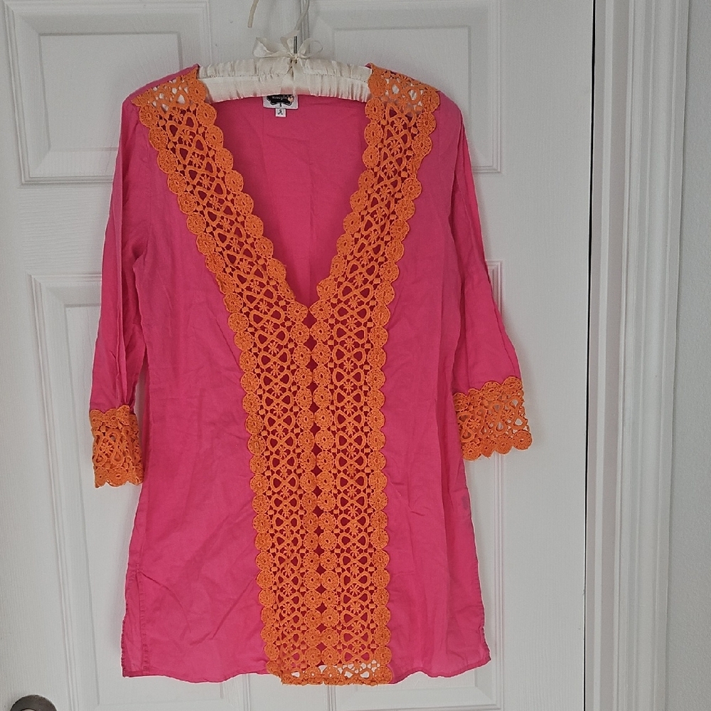 Mud Pie Nora Vibrant Pink Tunic Dress/ Swim Coverup with Orange Crochet Size Sma